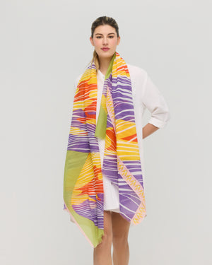 Yellow, purple and orange cotton scarf worn around the neck, Princesse & Dragon Montréal