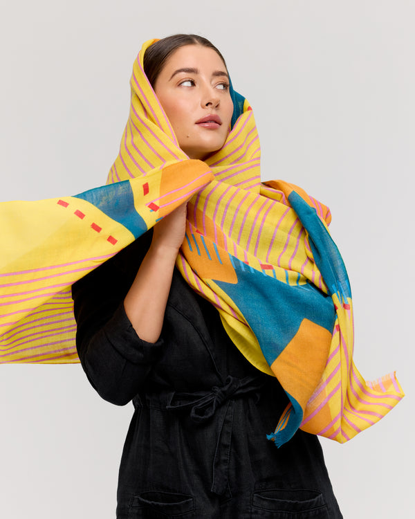 Foulard laine merinos jaune et bleu - Soleil