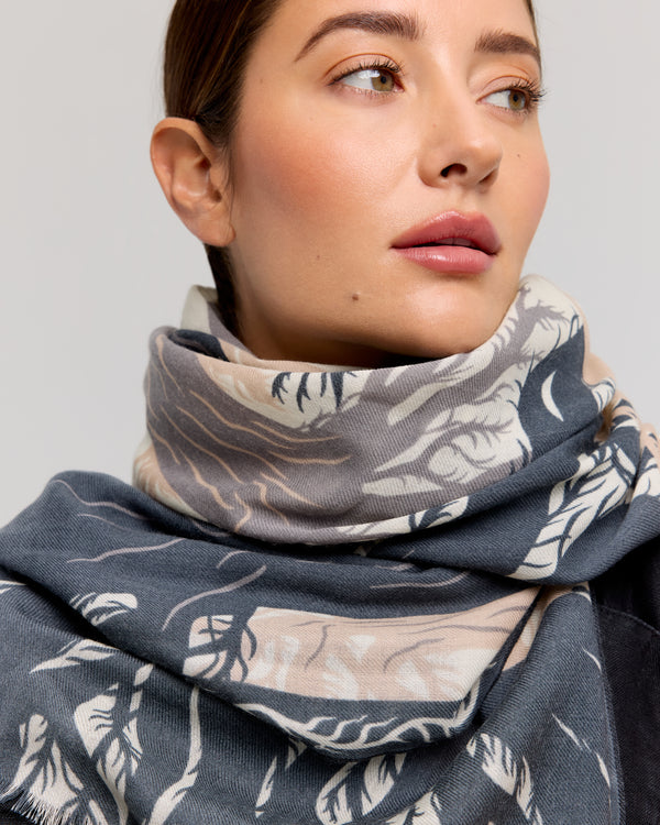 Merino wool scarf in anthracite and beige, featuring a forest-inspired pattern. Handcrafted, soft, and lightweight, perfect for winter and cool evenings.