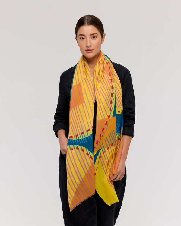 Foulard laine merinos jaune et bleu - Soleil