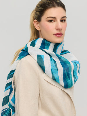 Grand foulard lin coton bleu turquoise à motif abstrait, Princesse & Dragon Montréal