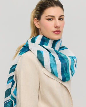Grand foulard lin coton bleu turquoise à motif abstrait, Princesse & Dragon Montréal
