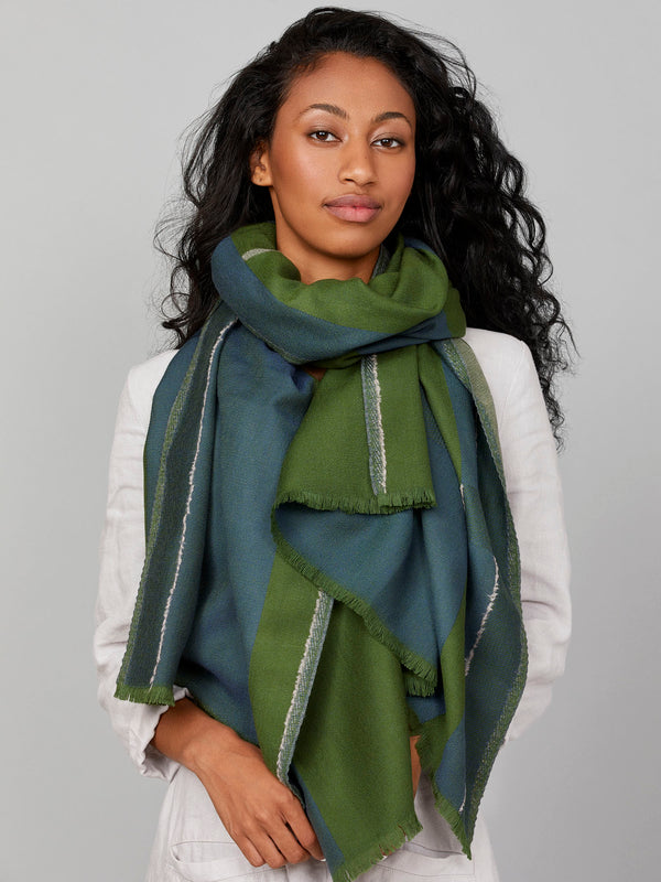 Green, blue and white merino wool scarf - London