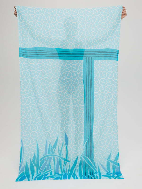 Foulard-turquoise-voile-coton-motif-fleuri-accessoire-mode-été-paréo-pleine-longueur