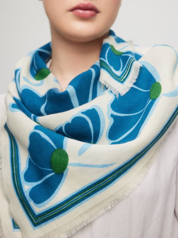 square-scarf-merino-wool-silk-blue-poppy-flower-pattern-white-background