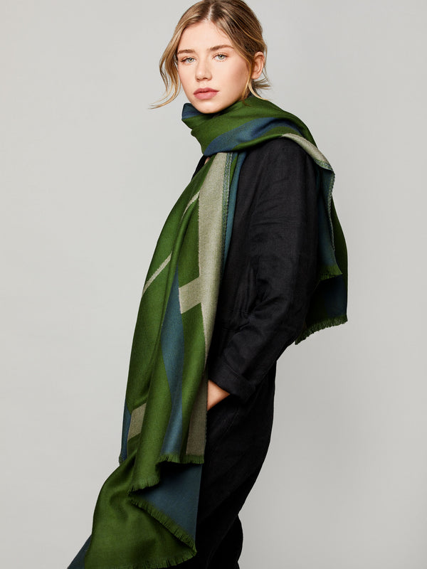 Green, blue and white merino wool scarf - London