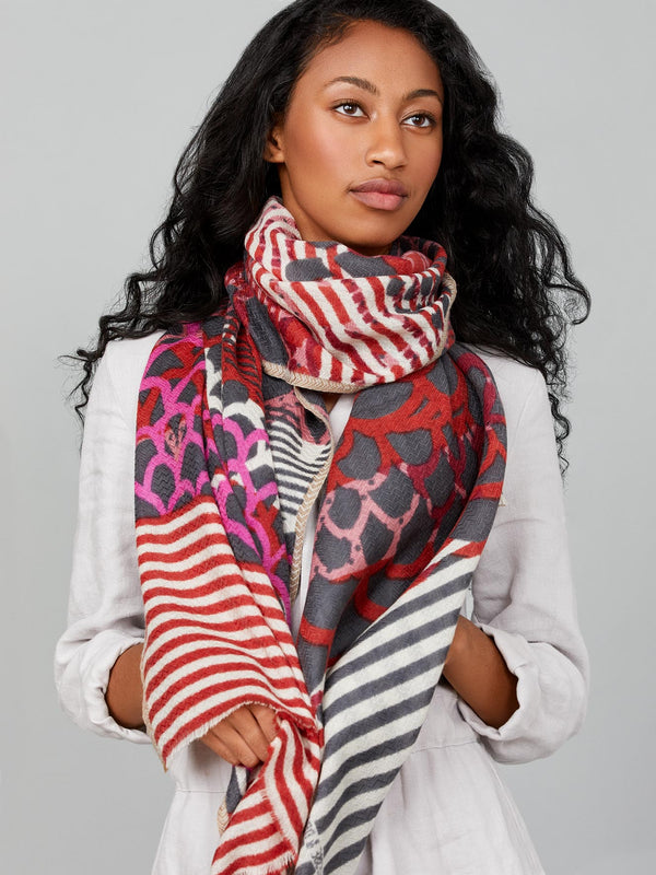 scarf-red-purple-merino-wool-handcrafted-subtle-relief-chevron-pattern-worn-with-style